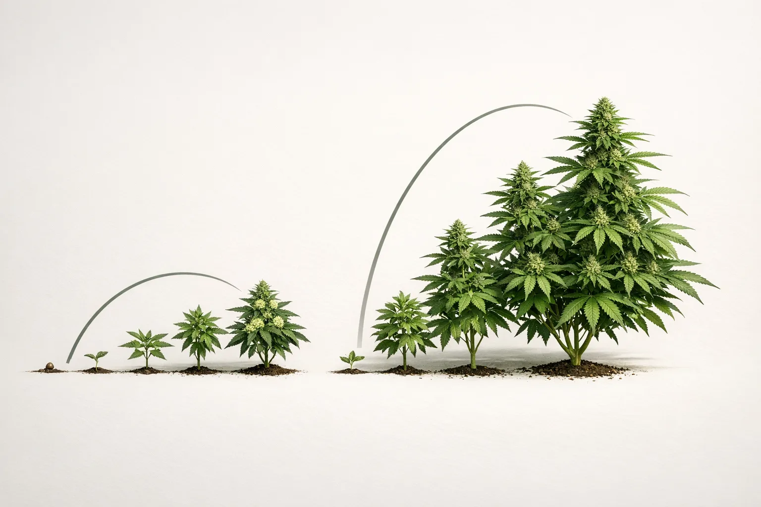 Visual timeline comparing 12/12 from seed with a longer vegetative cannabis grow, emphasizing compact size and earlier flowering decisions.