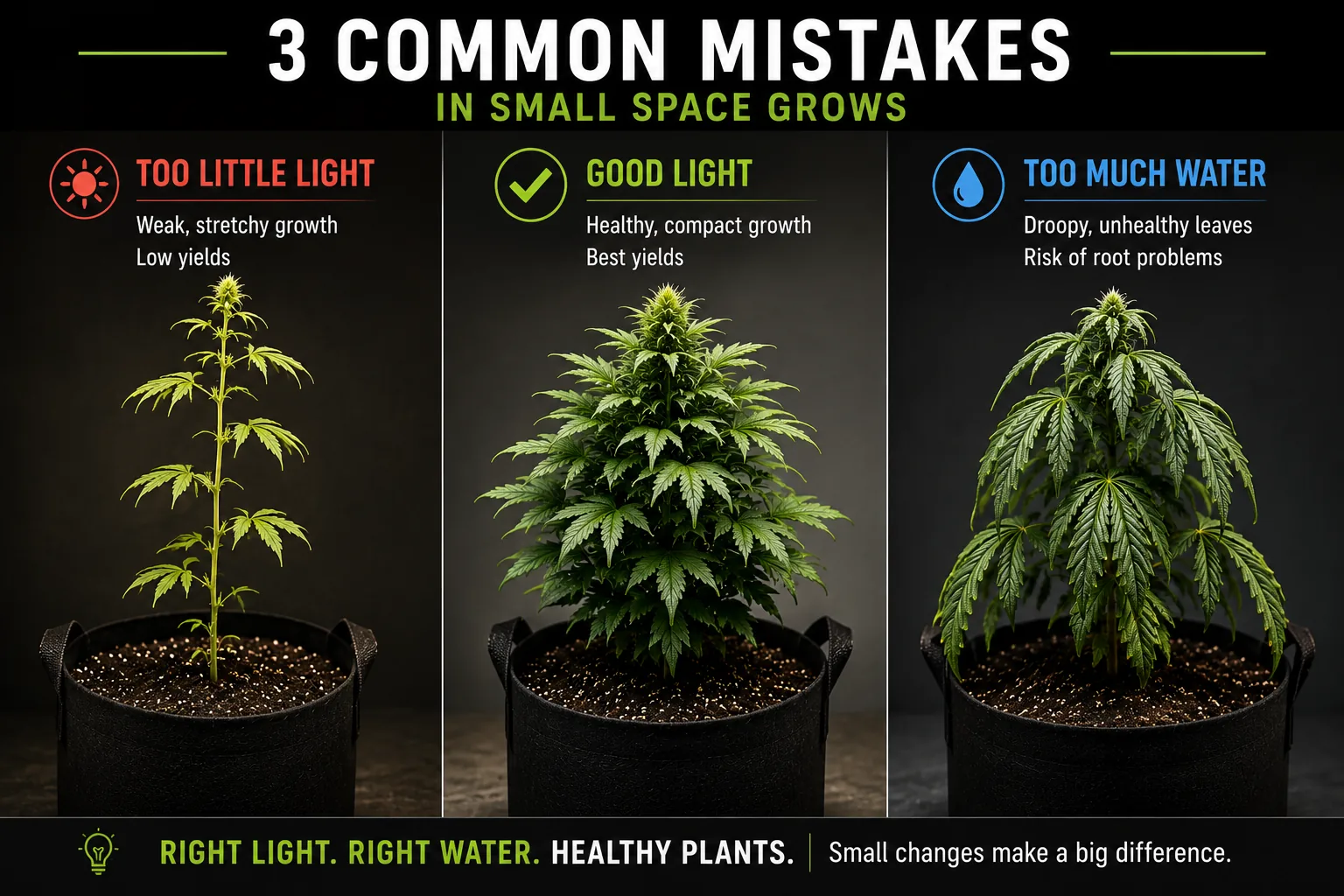 Three common small-space grow mistakes compared: too little light, good light, and too much water