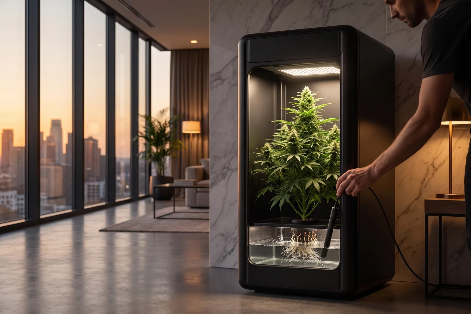 A dissolved-oxygen probe dipped into the ColaXpress cabinet's see-through DWC reservoir — an air stone releasing a column of fine bubbles around the white root crown, the cannabis plant seated directly on top under the LED.