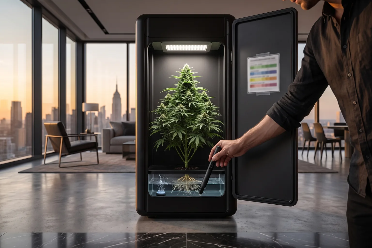 Checking the nutrient solution with a plain EC pen in the ColaXpress cabinet's see-through DWC reservoir — air stone bubbling under the roots, the one laminated feeding chart taped inside the open door.