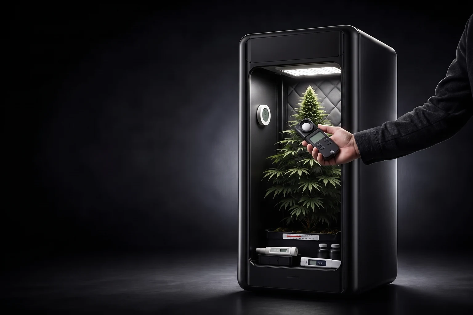A hand places a light meter at canopy height inside the grow cabinet, with a hygrometer, thermometer strip, and EC and pH pens at their stations.