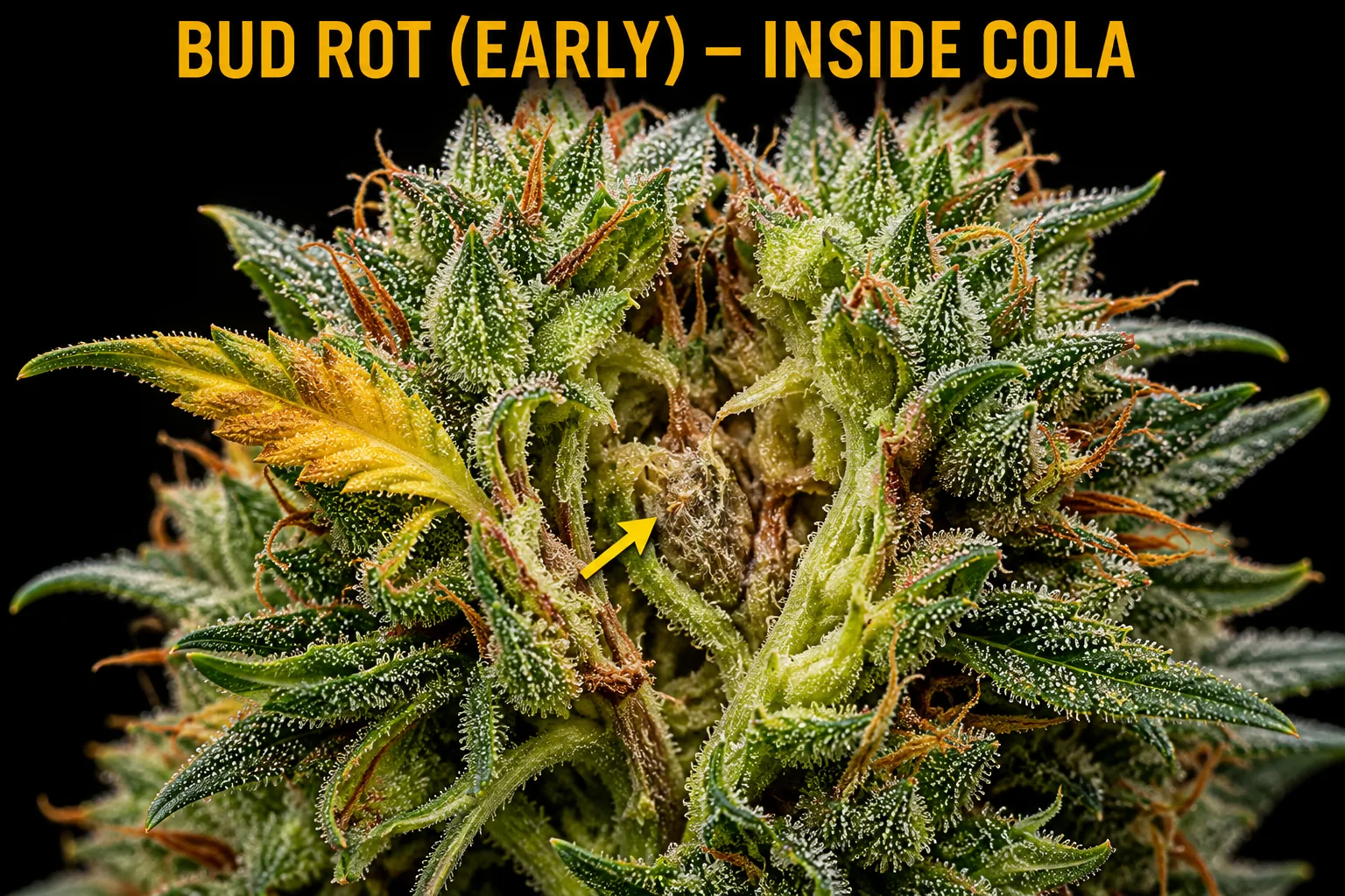 Early bud rot inside a cannabis cola: the first grey-brown fuzz and a single wilted leaf deep in the bud.