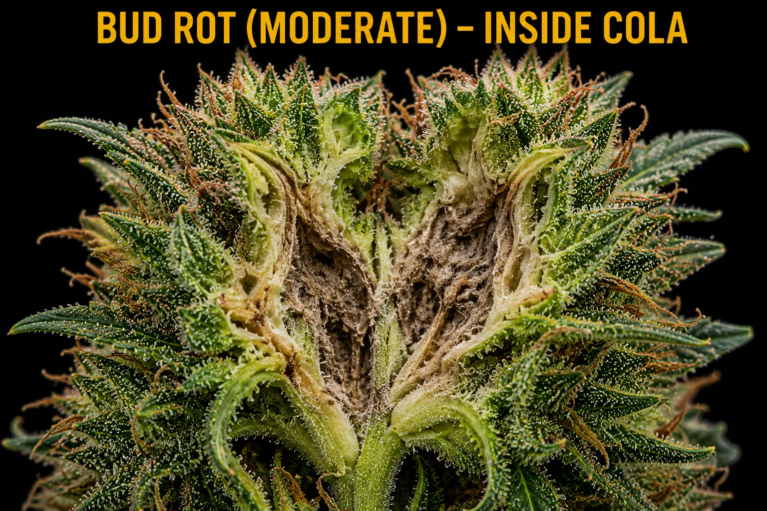 Moderate bud rot: grey-brown rot hollowing out a noticeable section of a cannabis cola from the inside.