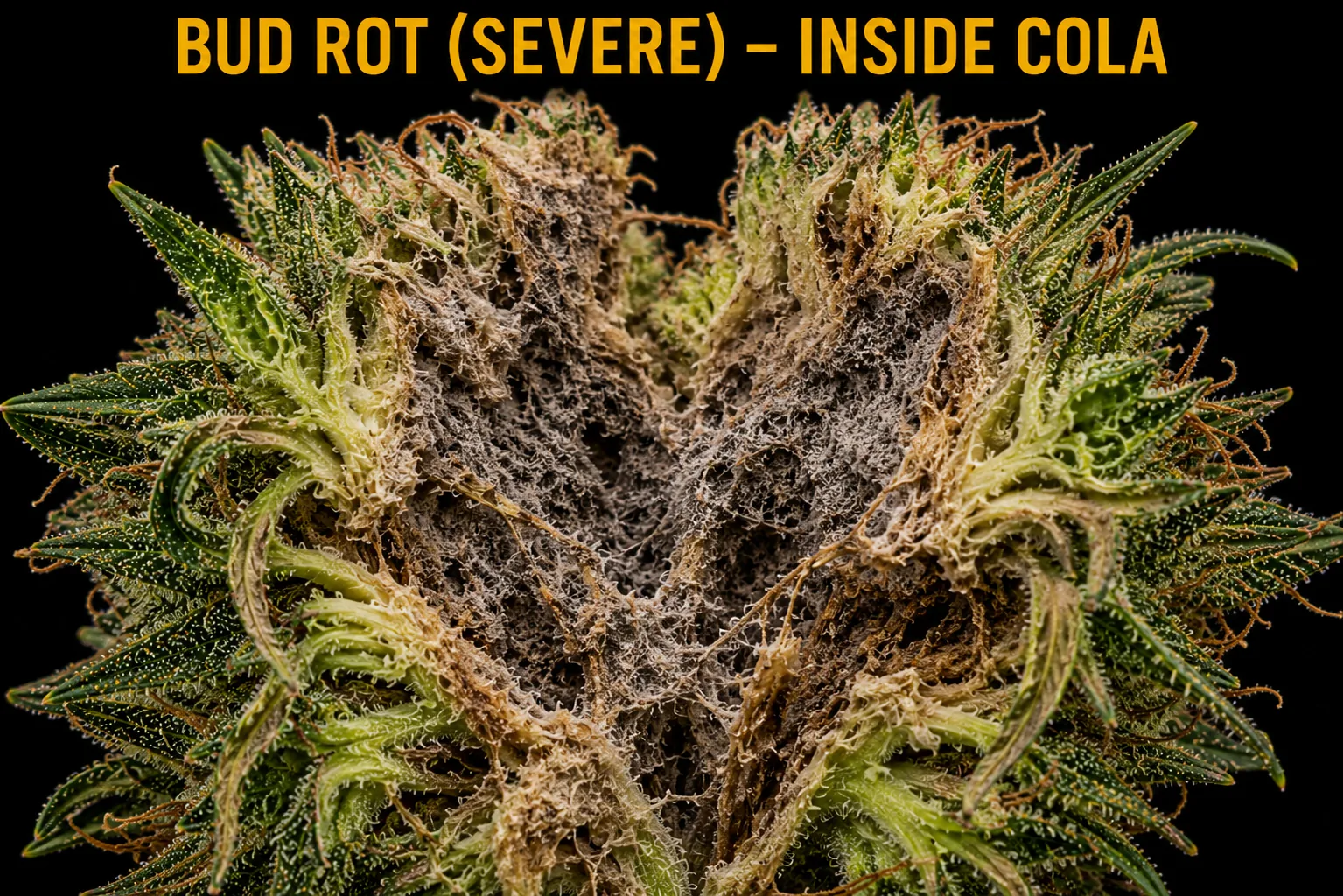Severe bud rot: a cannabis cola largely consumed by grey-brown, dusty botrytis decay.