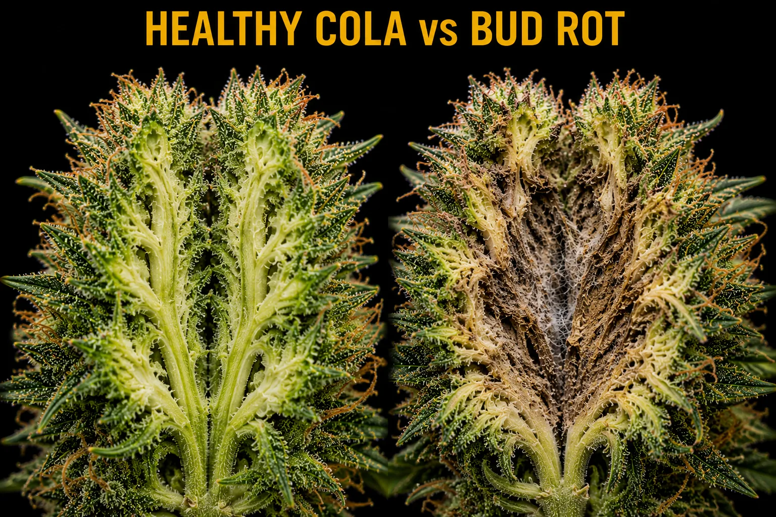 Comparison of a healthy dense cannabis cola beside one infected with grey-brown bud rot.