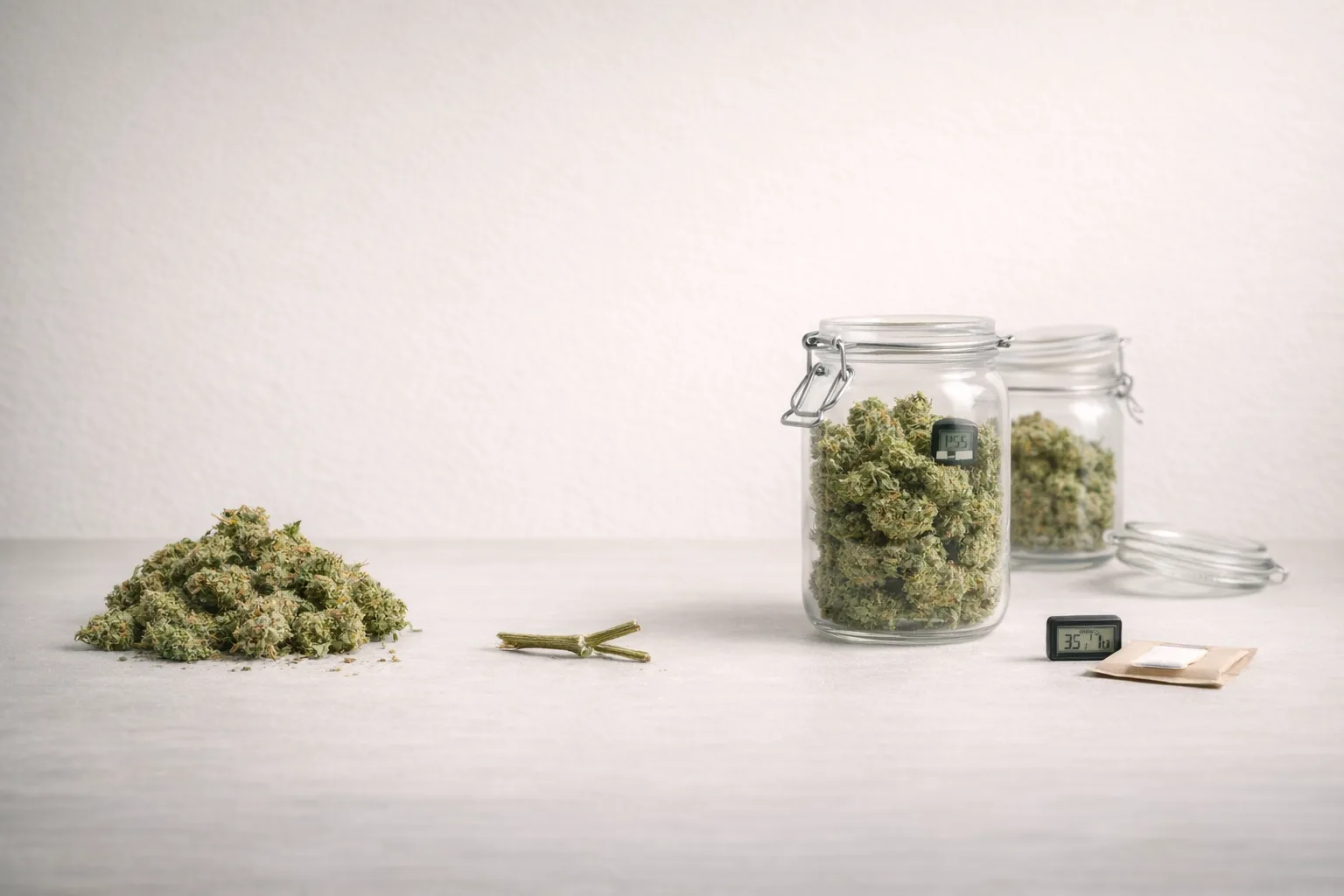 Dry-to-jar decision panel showing cannabis flower texture, stem behavior, jar test, and moisture balance clues.