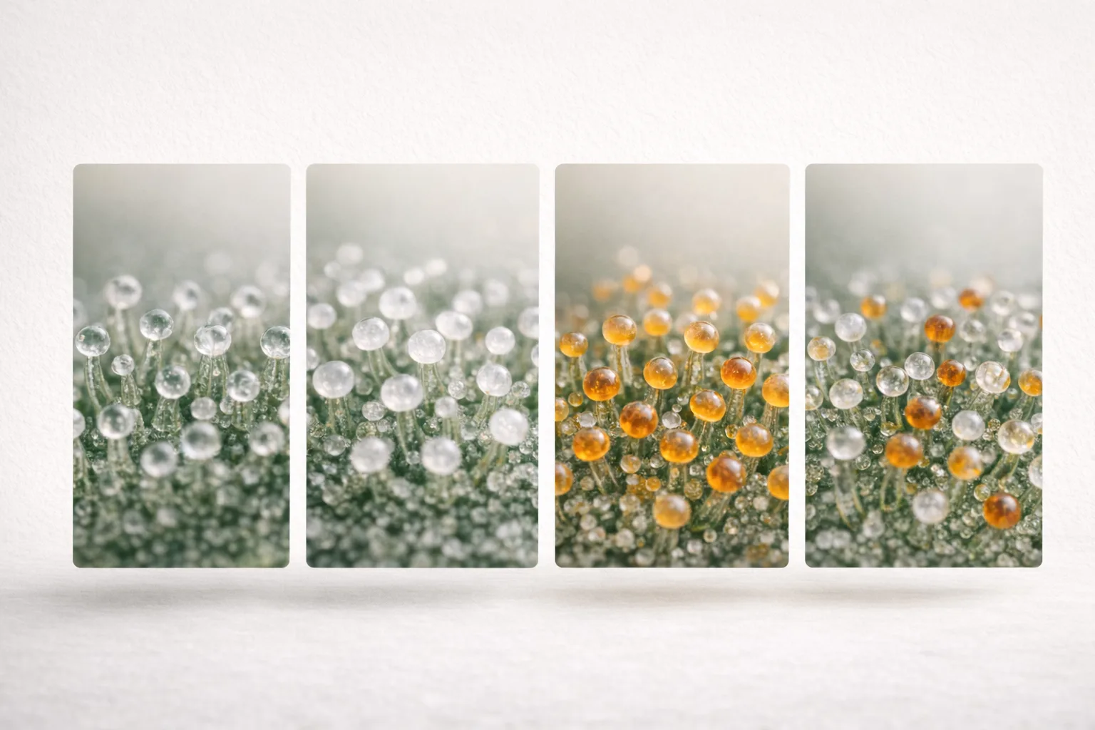 Comparison board showing clear, cloudy, amber, and mixed cannabis trichome inspection states for harvest timing.