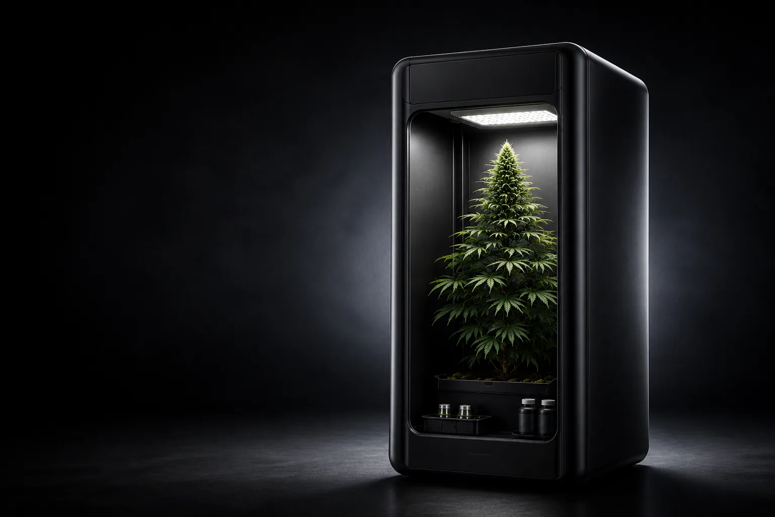 ColaXpress smart grow cabinet glowing on a dark studio stage, a single cannabis plant maturing inside