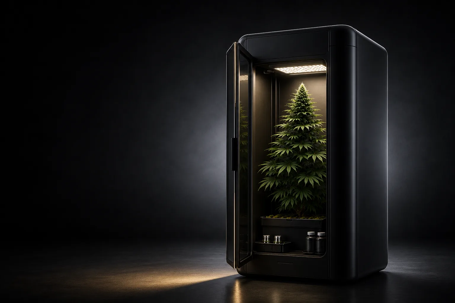 ColaXpress smart grow cabinet open on a dark studio stage, a single cannabis plant maturing inside under its grow light