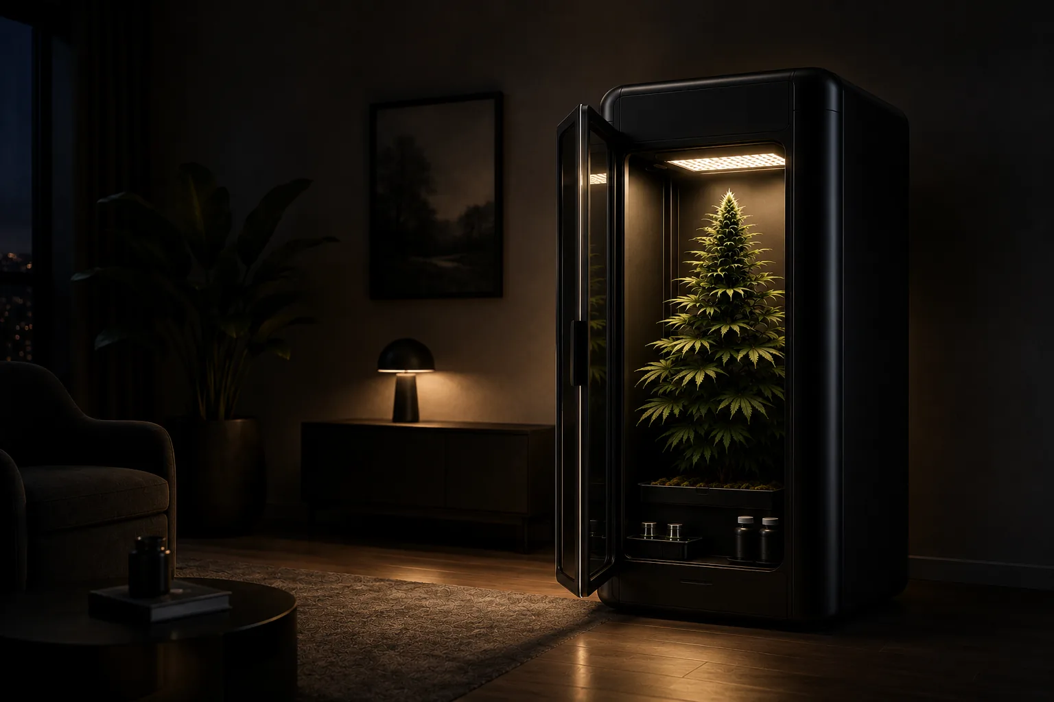 ColaXpress smart grow cabinet open in a warm living room, a single cannabis plant maturing inside under its grow light