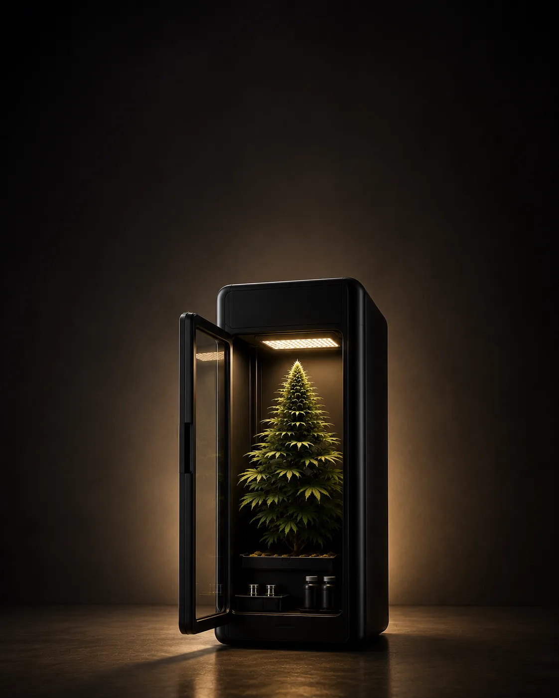 Black smart grow cabinet with its glass door open, a warm LED panel lighting one tall conical cannabis plant maturing inside.