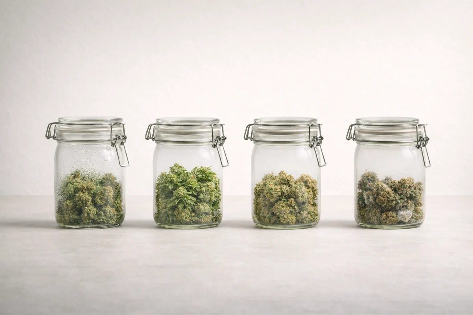Cannabis curing jar state board showing too-wet flower, stable cure behavior, overdry flower, and warning signs to watch.