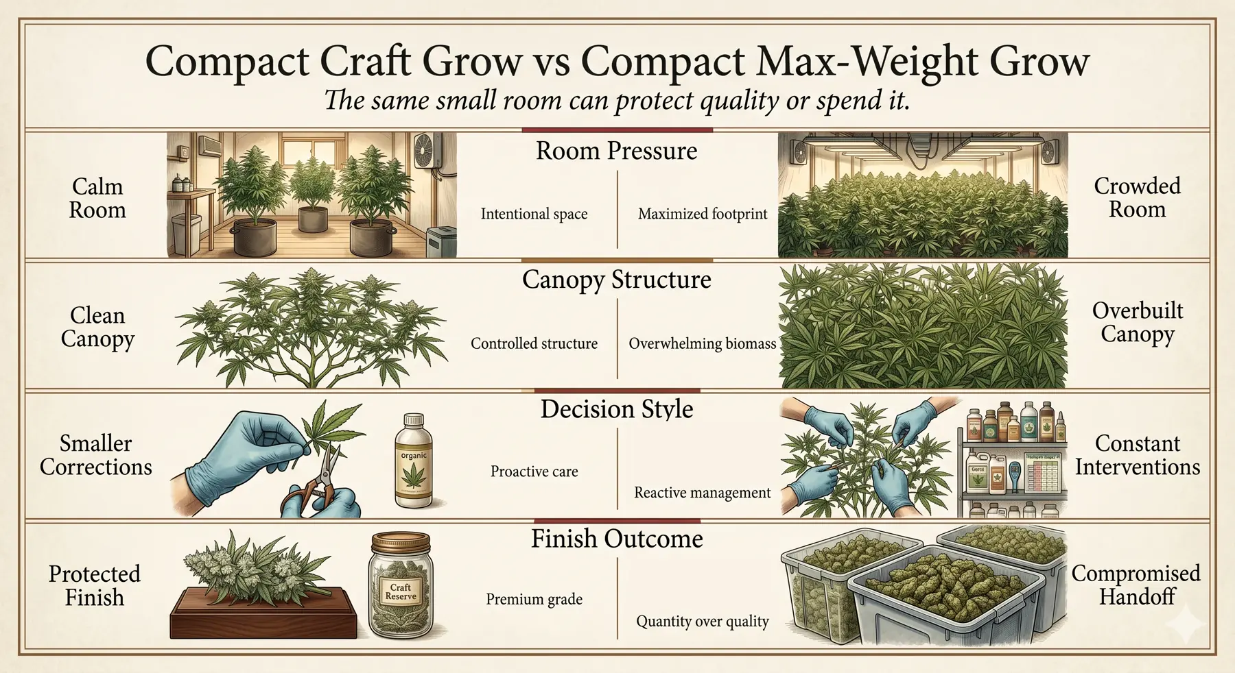 Comparison board showing compact craft growing versus compact max-weight growing across room pressure, canopy structure, decision style, and finish outcome.