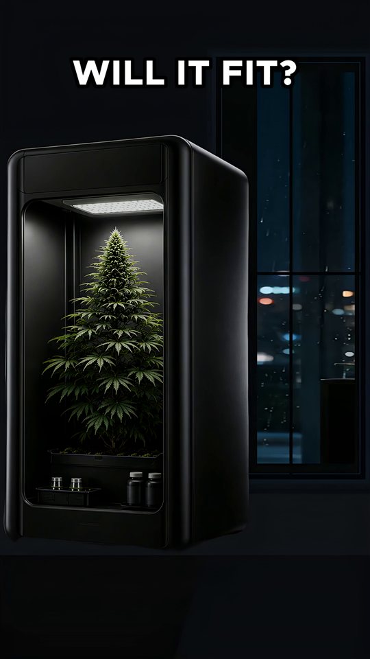 VGrow cabinet shown at real scale in a compact apartment corner in warm evening light, opening frame of the fit-and-size film.