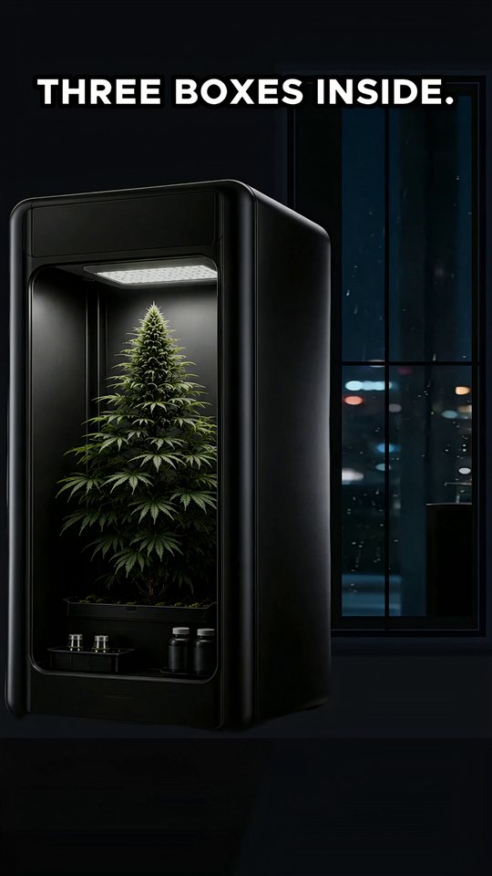 VGrow cabinet with its shipping boxes in a warm penthouse room, opening frame of the kit-contents film.