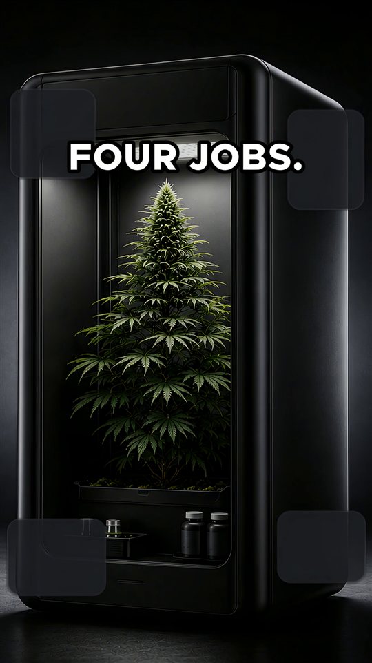 Matte black VGrow grow cabinet standing in a dim penthouse room at night, opening frame of the equipment lesson film.