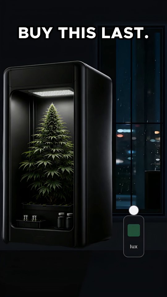 VGrow cabinet in a dim penthouse room at night, opening frame of the buy-first priority film.