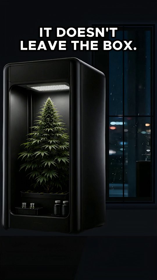 VGrow cabinet at night with rain on the window behind it and the line 'It doesn’t leave the box', opening frame of the dry-mode film.