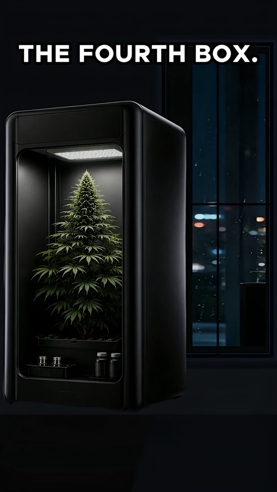 VGrow cabinet in a dark penthouse room at night, opening frame of the DWC fourth-box film.