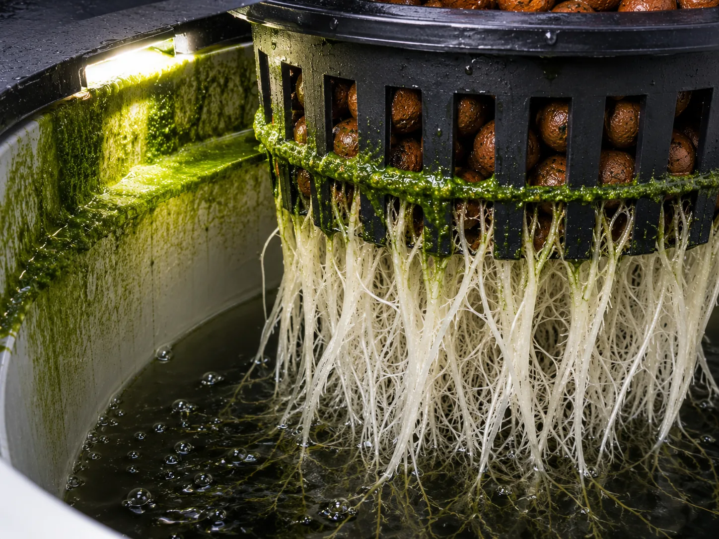 Bright green algae slime coating a net-pot rim and reservoir wall exposed to light while white roots hang below.