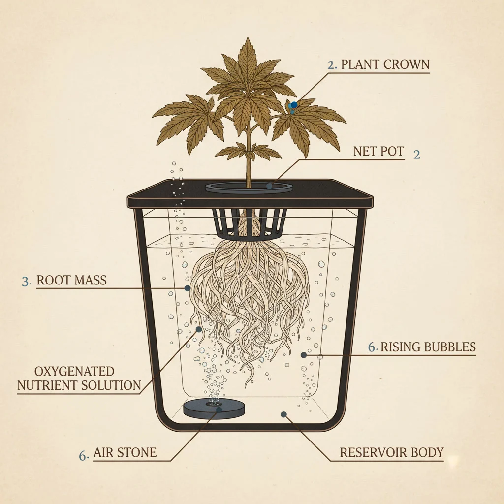 Cutaway diagram of a DWC reservoir showing the plant crown, net pot, root mass, oxygenated nutrient solution, air stone, and rising bubbles.