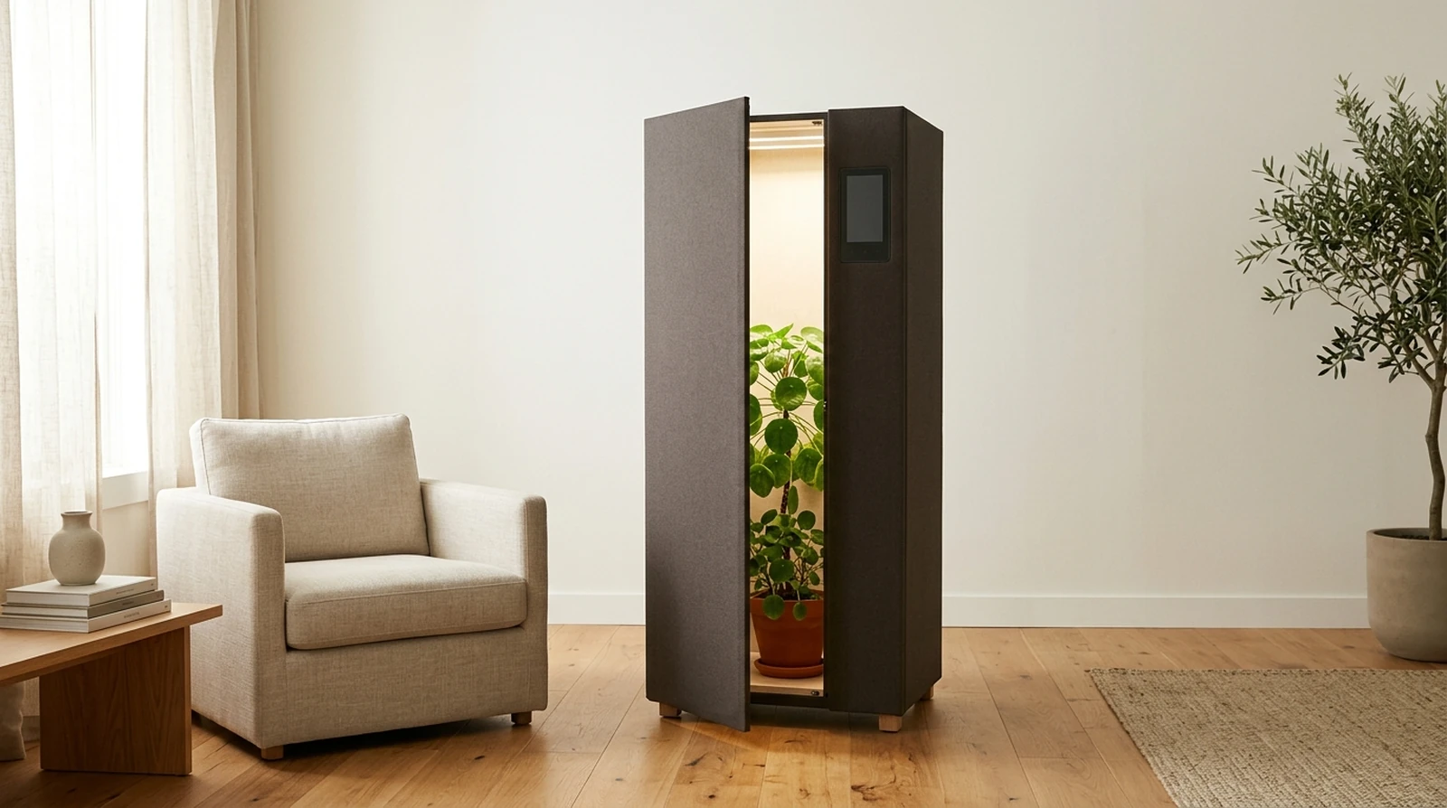 Freestanding compact grow cabinet in a minimalist living room, door ajar on one plant under warm interior light