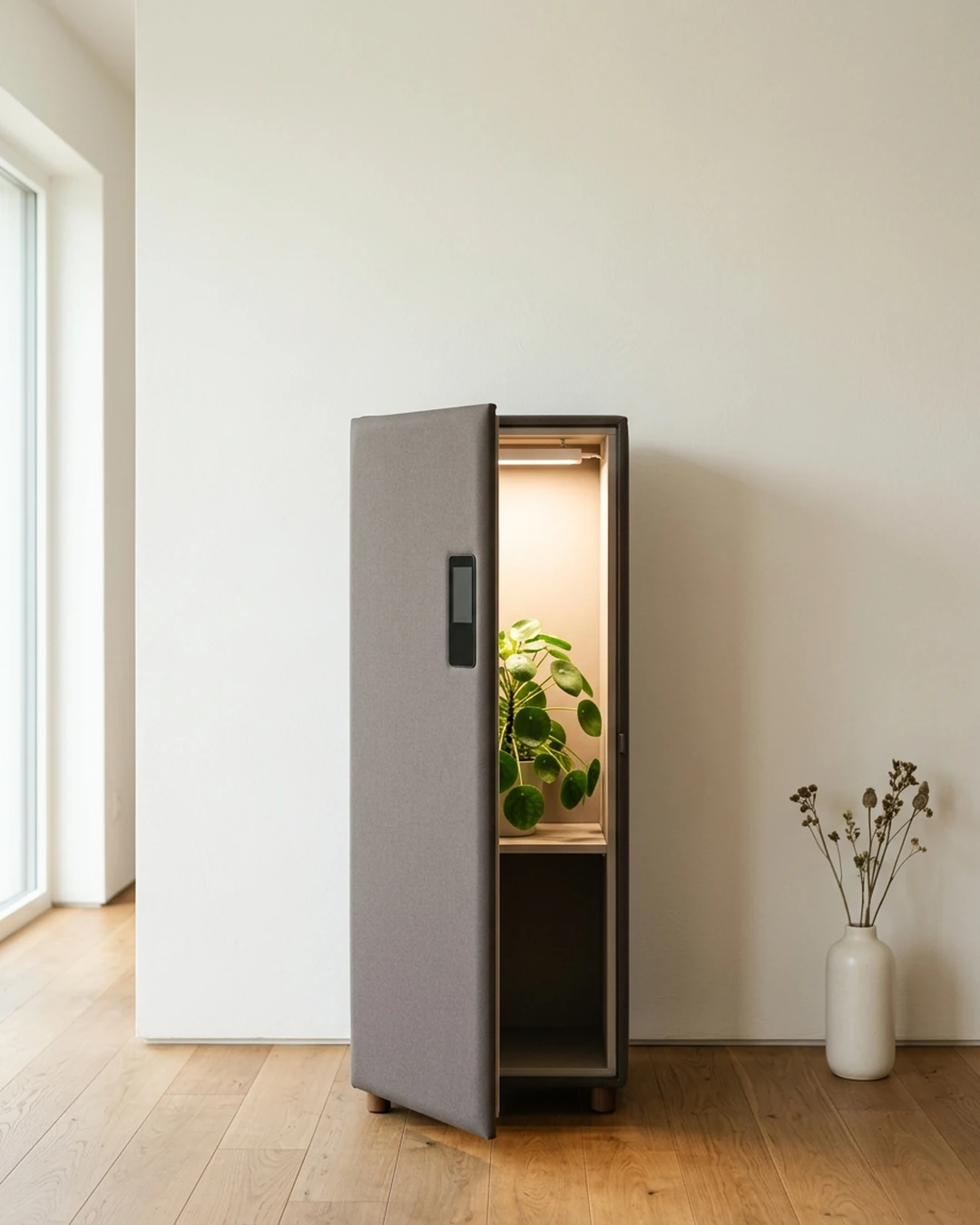 Compact grow cabinet standing in a bright ivory room, its door open to reveal one healthy plant inside