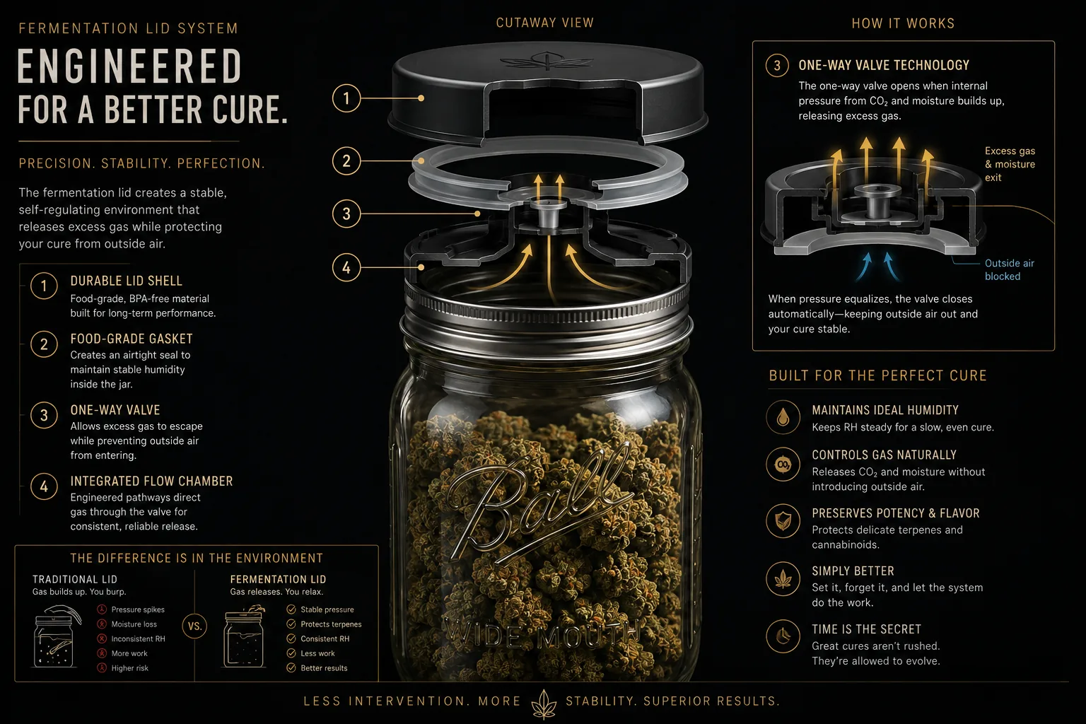 Cutaway diagram of a cannabis fermentation curing lid: lid shell, food-grade gasket, one-way valve, and flow chamber that release CO2 while keeping outside air out.