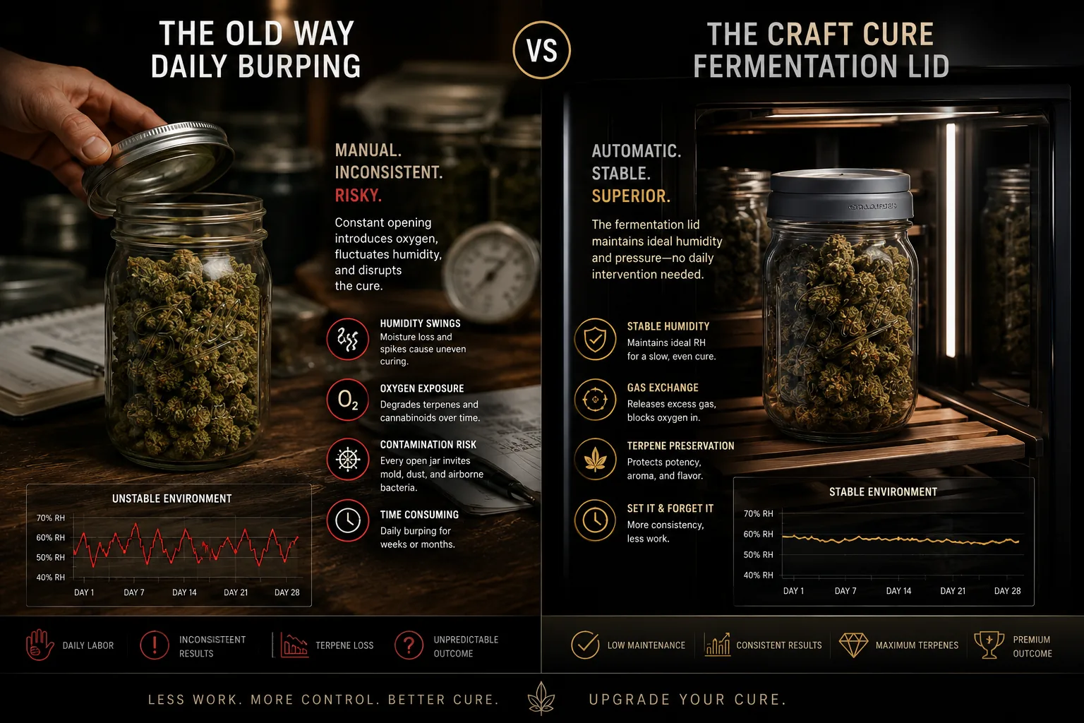 Comparison of daily jar burping versus a fermentation lid: manual burping swings humidity while the fermentation lid holds a stable cure with no daily intervention.