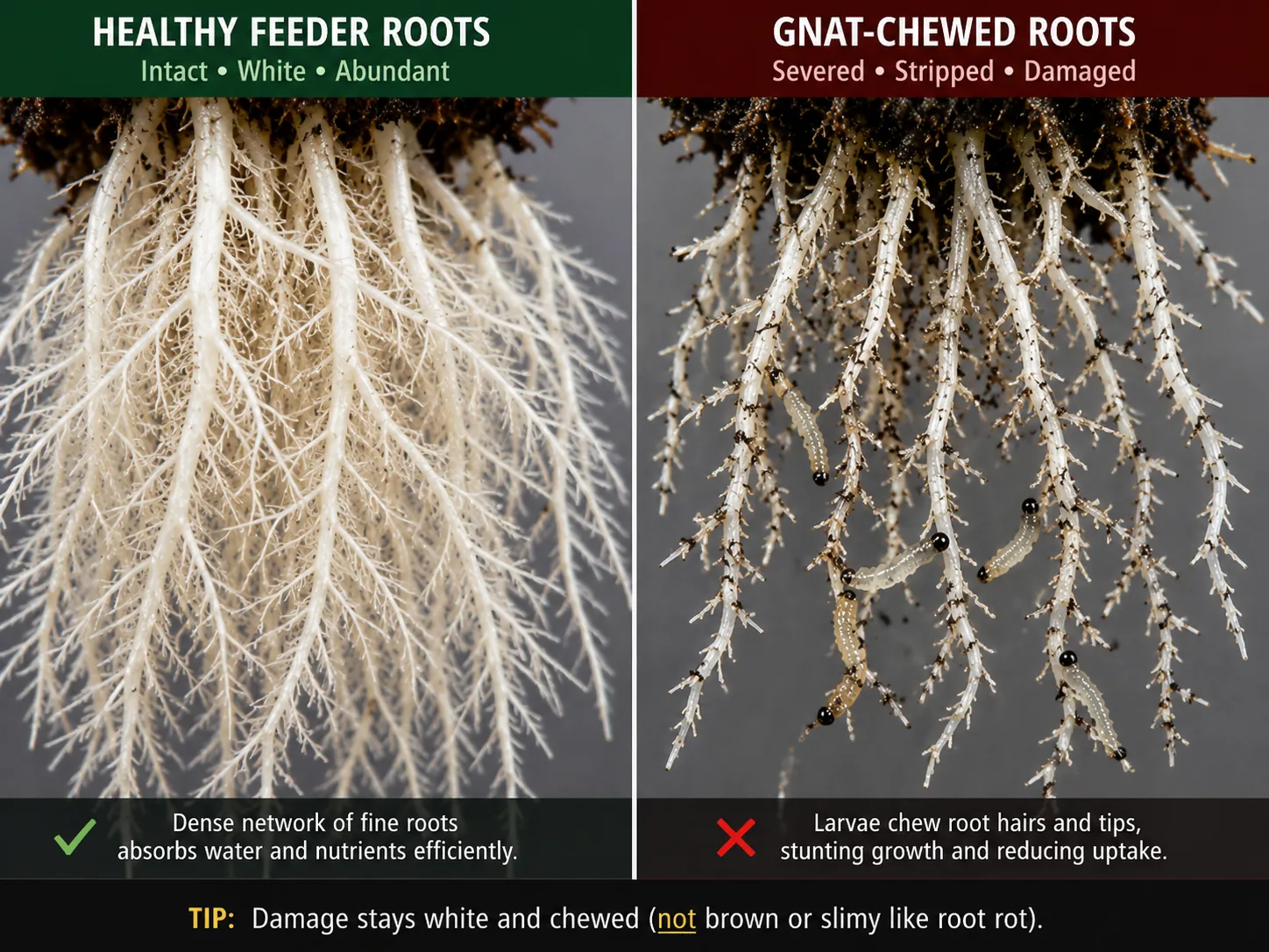 Two-panel root comparison: a dense white feeder-root mass on the left versus stripped, larvae-dotted white roots on the right.