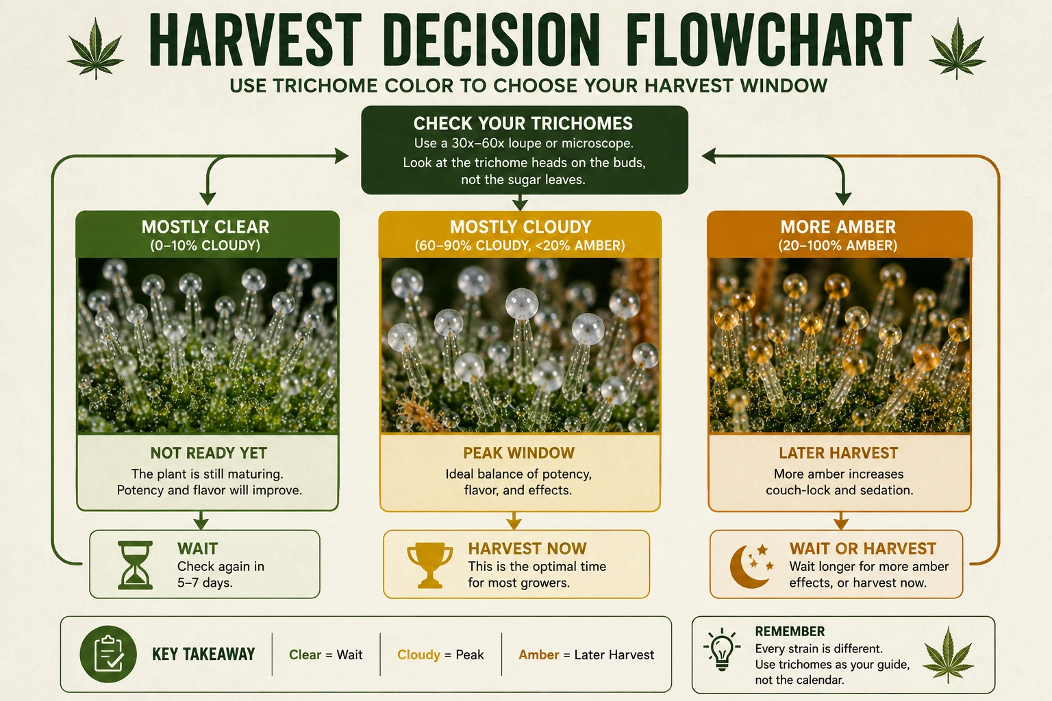 Harvest decision flowchart using trichome color: mostly clear means wait, mostly cloudy is the peak window to harvest now, and more amber means a later, more sedative harvest.