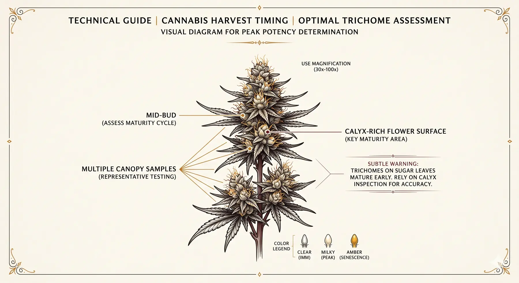 Inspection diagram showing where to inspect trichomes on cannabis buds: mid-bud, calyx-rich flower surfaces, and multiple canopy samples, with a warning not to rely on sugar leaves.