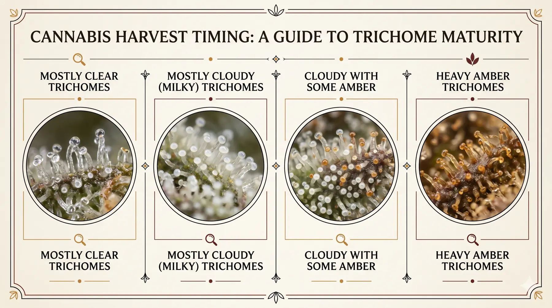 Harvest timing chart showing trichome maturity stages.