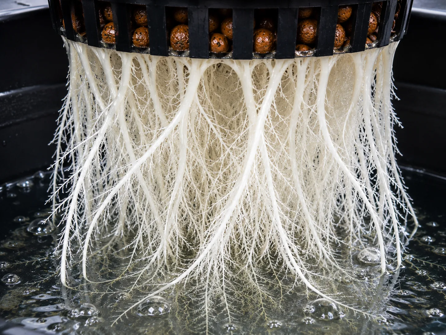 Brilliant white cannabis roots cascading from a clay-pebble net pot into clear bubbling reservoir water in macro close-up.