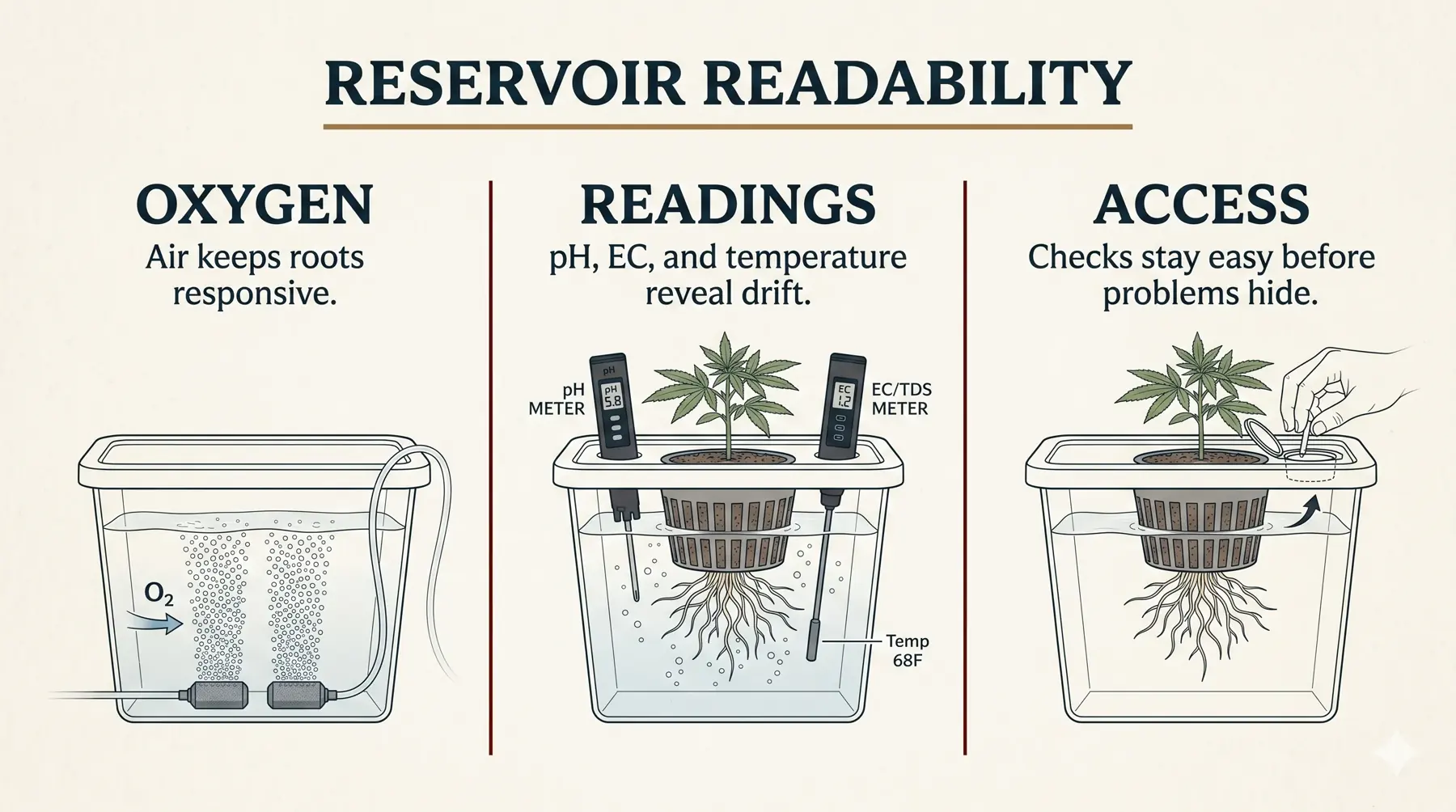 Compact DWC cabinet panel showing reservoir readability, service access, and moisture checkpoints used when cabinet air feels wet or slow.