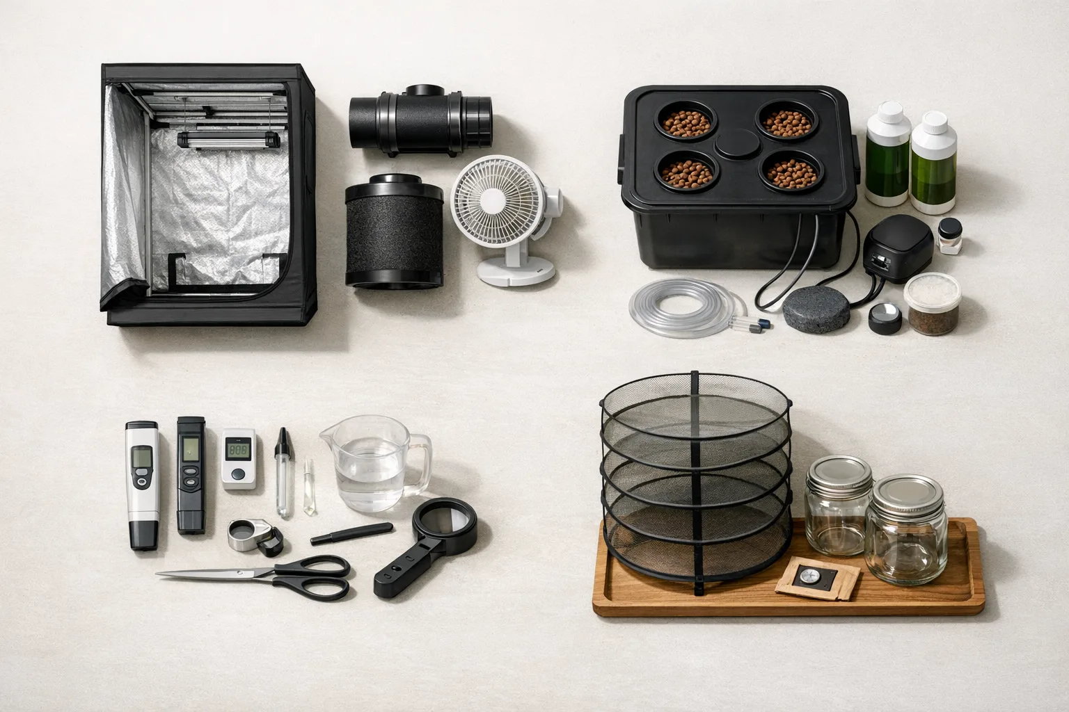 Airflow diagram showing a small grow enclosure, intake, carbon-filtered exhaust, and surrounding room air used to reduce odor drift.