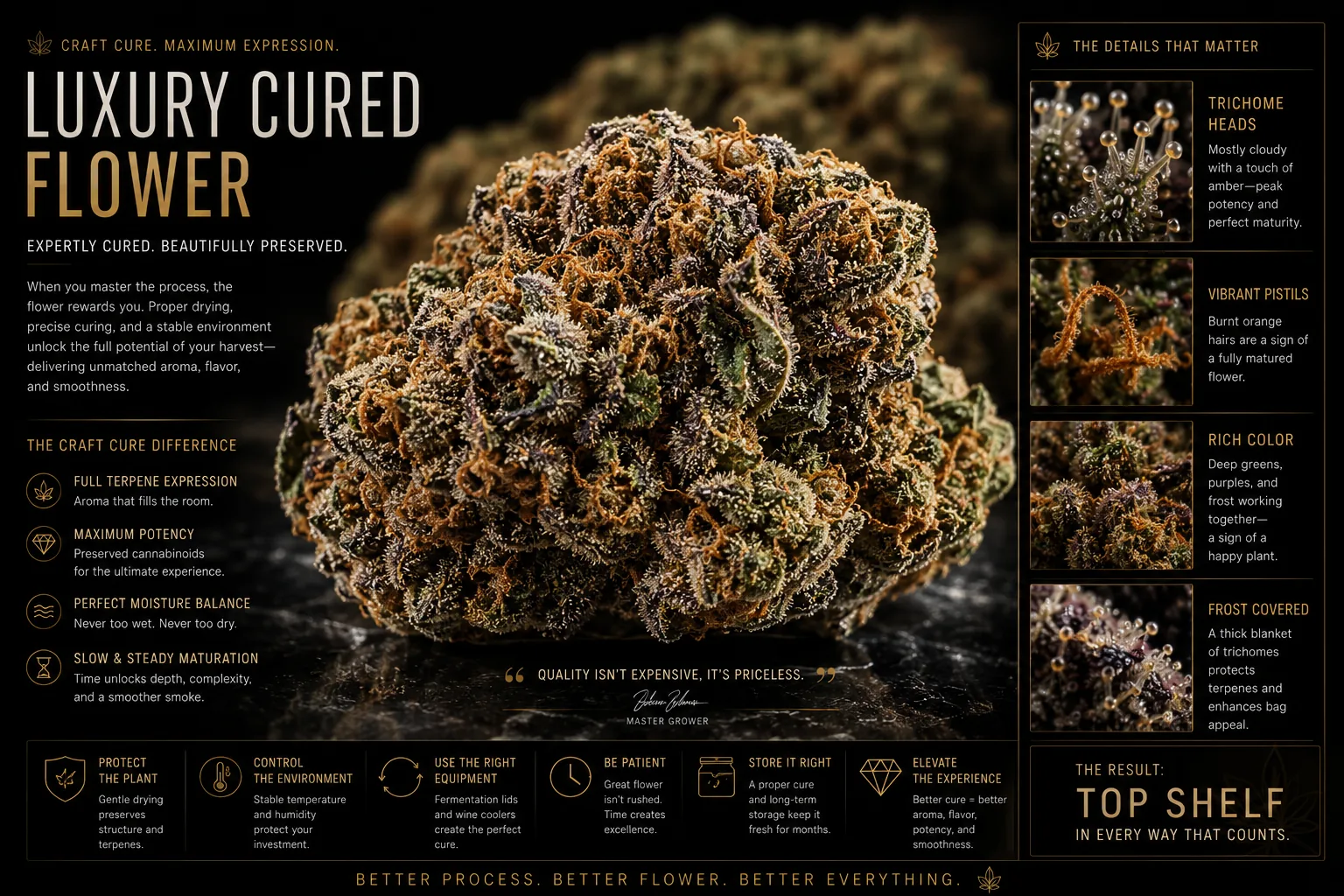 Macro of a top-shelf craft-cured cannabis bud with intact frosty trichomes, vibrant pistils, and rich color - the result of a slow, stable cure.