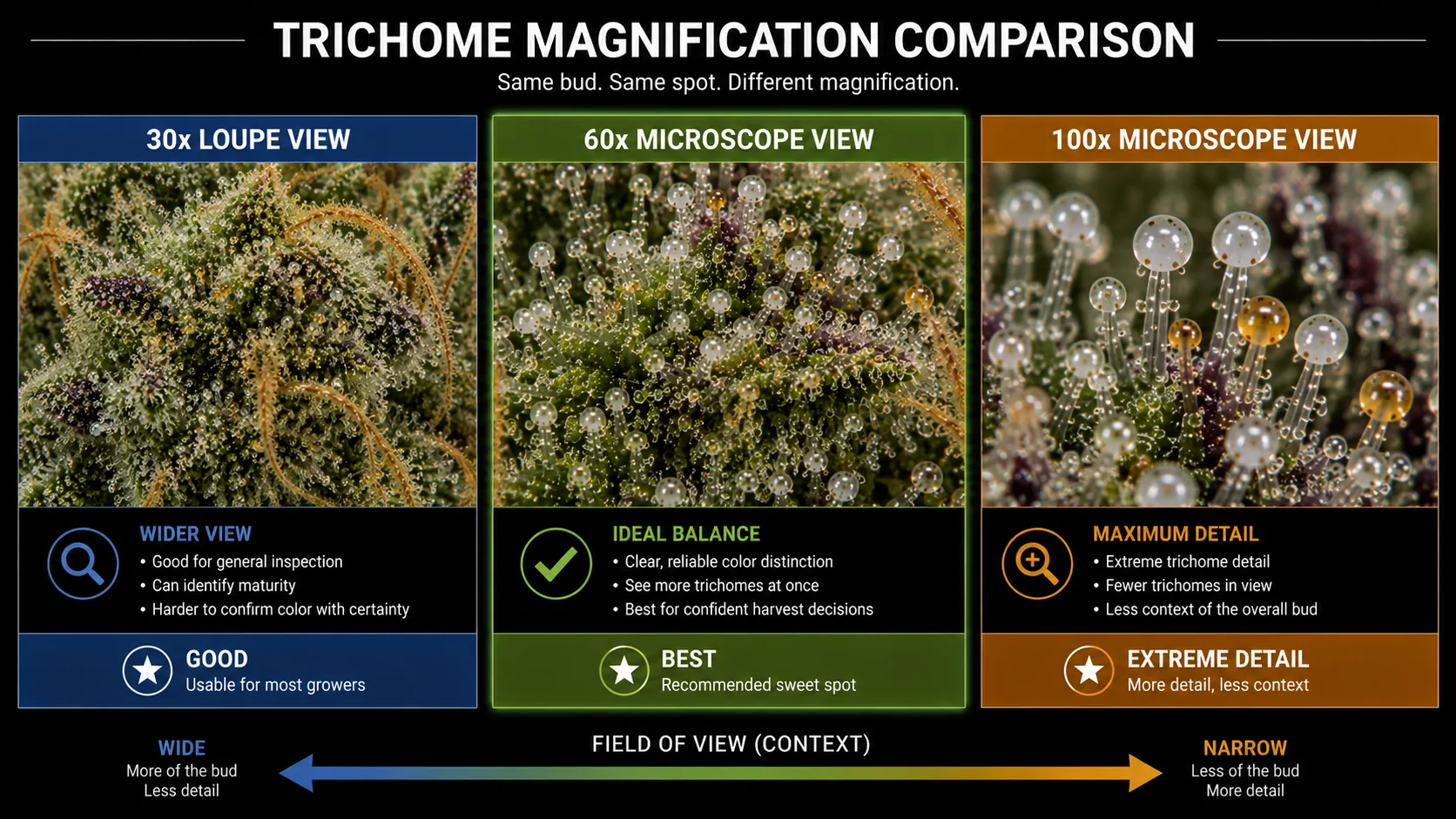 Comparison board of cannabis trichome magnification levels: 30x loupe wider view, 60x microscope ideal balance and recommended sweet spot, and 100x microscope maximum detail with a narrow field of view.