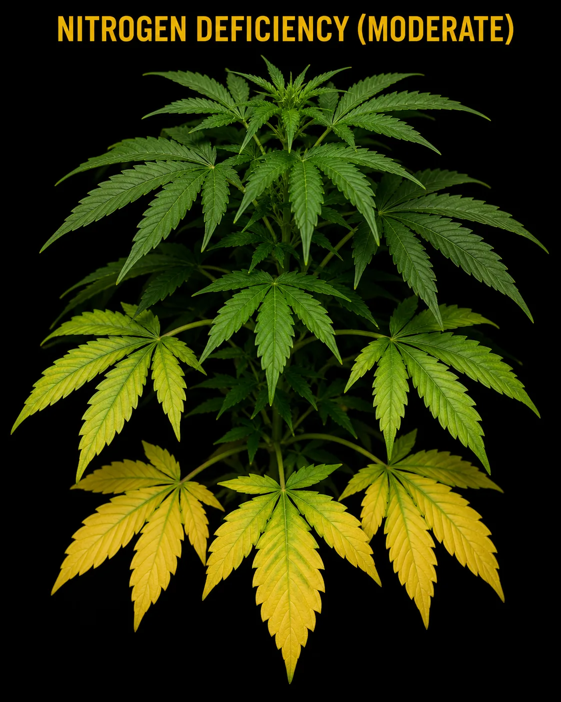 Moderate nitrogen deficiency: lower cannabis fan leaves turning solid yellow and the fade climbing up the plant.