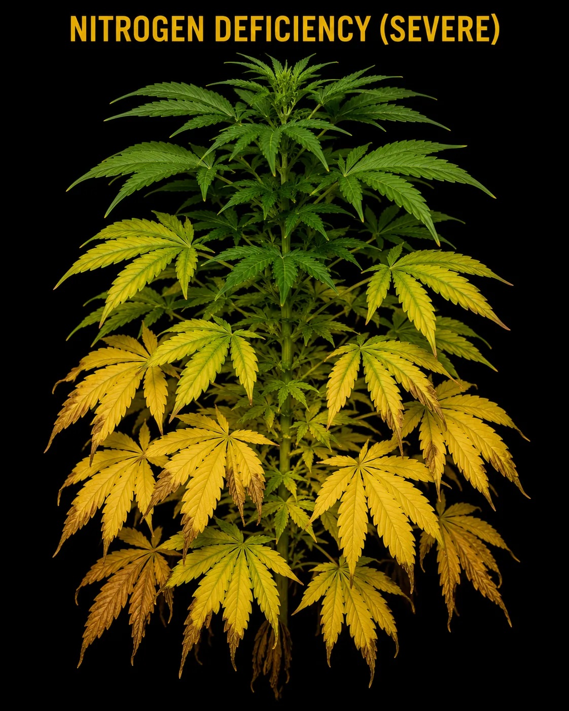 Severe nitrogen deficiency: lower cannabis leaves yellowed, browning, and dying off while the fade pushes high up the plant.