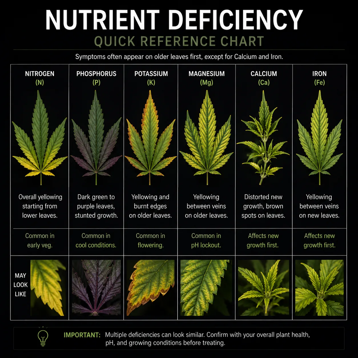 Cannabis nutrient deficiency chart mapping leaf symptoms — yellowing, spotting, and discoloration — to nitrogen, magnesium, calcium, and potassium causes.