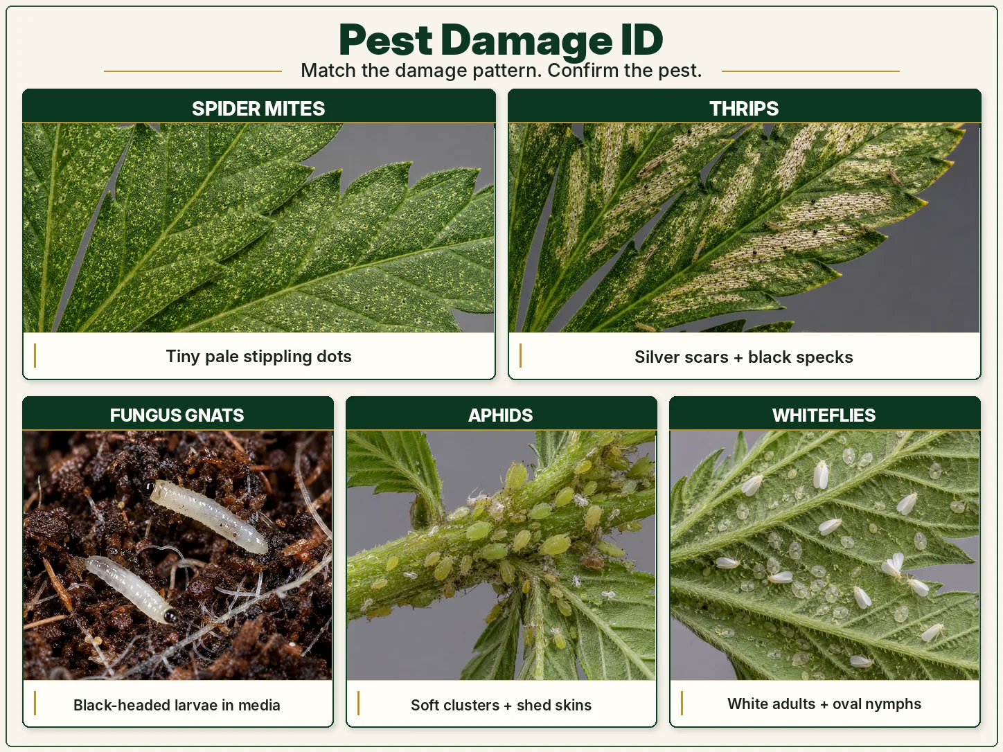 Six-panel labeled board pairing macro photos of stippled, silver-scarred, and larvae-infested cannabis to each pest's damage signature.