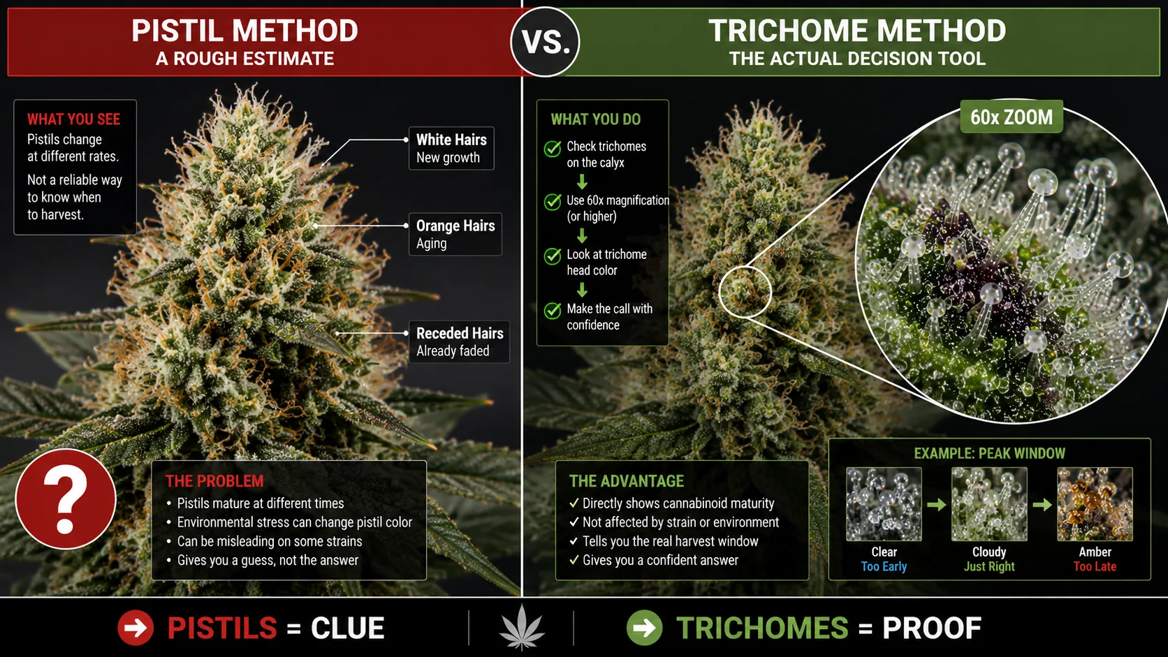 Side-by-side comparison of the pistil method and the trichome method for judging cannabis harvest timing: pistils give a rough estimate while trichome color is the reliable decision tool.