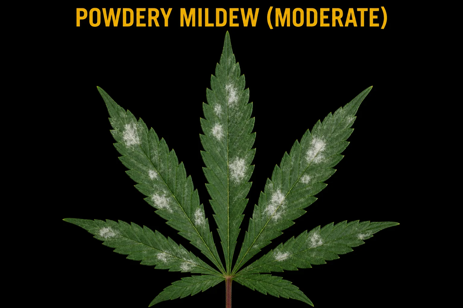 Moderate powdery mildew: white powdery patches spreading across several cannabis fan leaves.