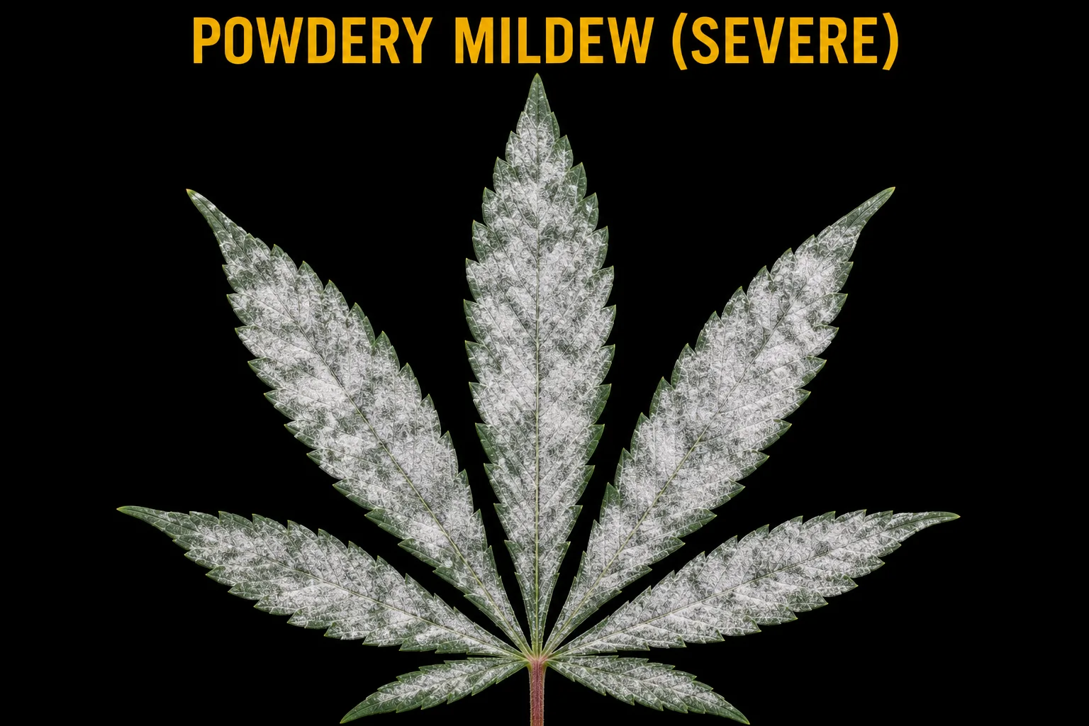 Severe powdery mildew: cannabis leaves and bud sites coated in a white powdery fungus.