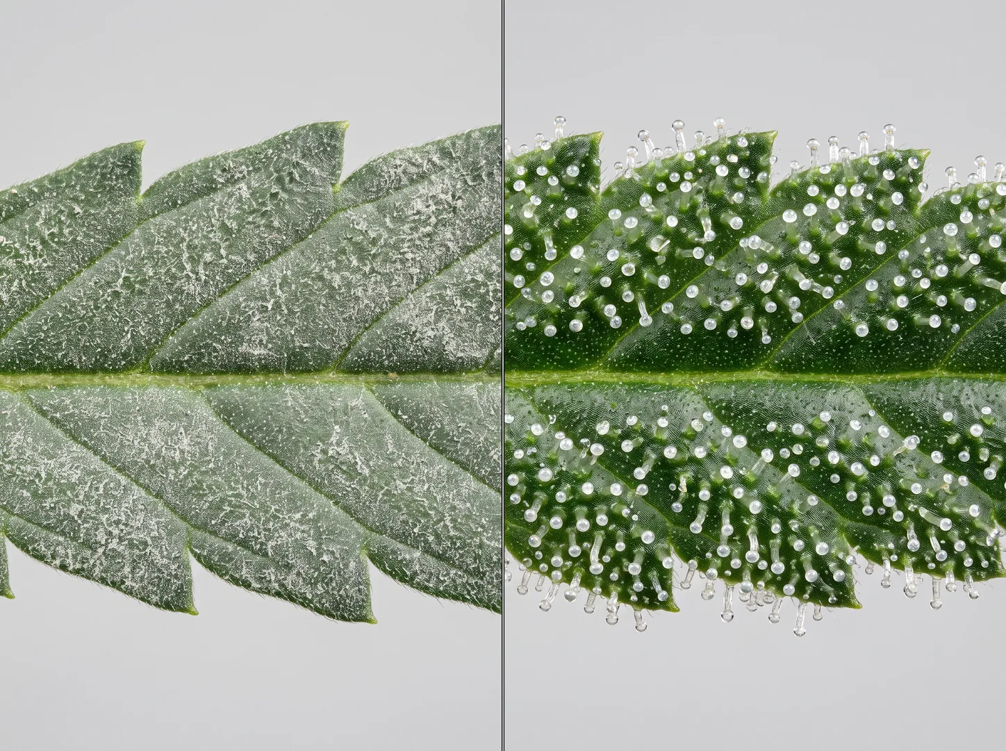 Same leaf at one magnification: flat matte white mildew film lying on the surface at left, clear glassy stalked dome-tipped trichomes standing up at right.