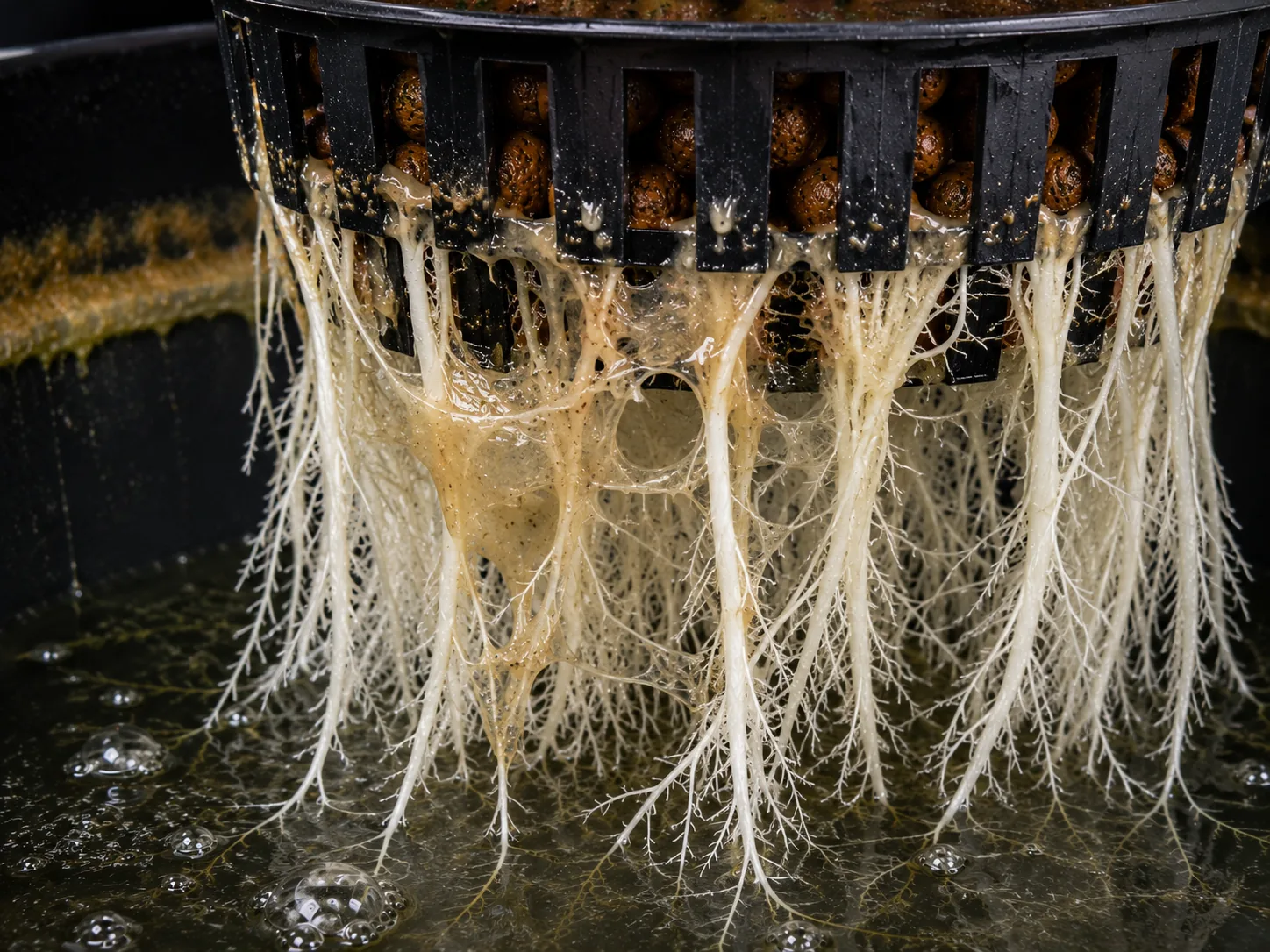 Translucent tan biofilm webbing draped between still-white cannabis roots hanging from a clay-pebble net pot.