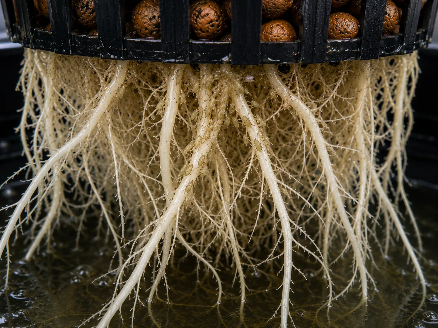 Pale cannabis roots below a net pot dotted with clustered small insects and white waxy specks of a root aphid infestation.