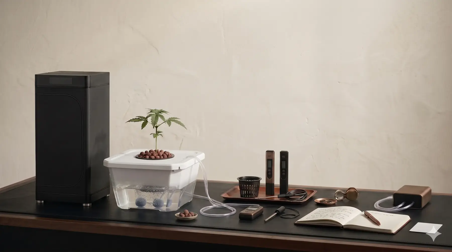 Compact DWC system reference diagram for small-space cannabis grows showing cabinet-to-reservoir ratio, air pump routing, and maintenance access points.