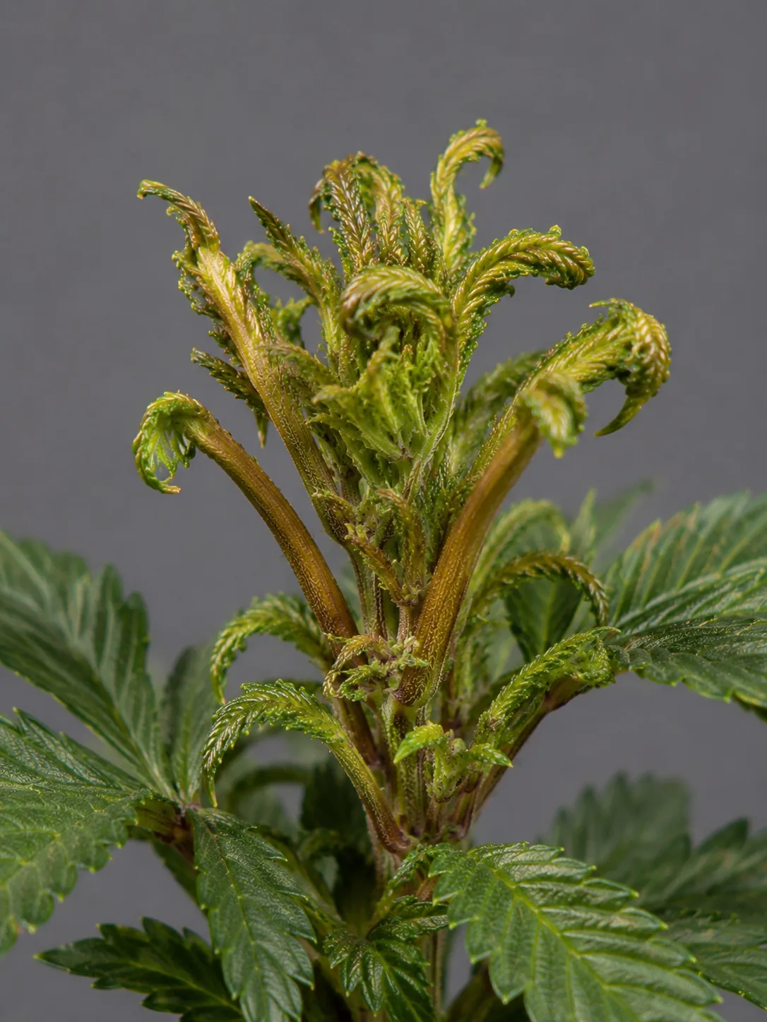 Cannabis top growth with new leaves curled and glazed wet-looking, drooping on bronzed petioles, with no insect visible.